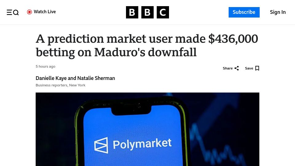 Screenshot of bbc.com: A prediction market user made $436k betting on Maduro's downfall