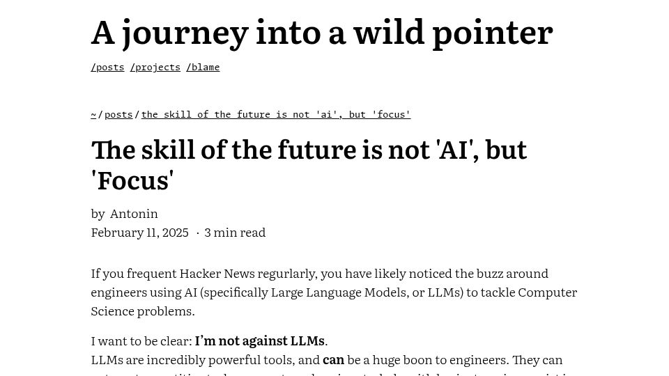 Screenshot of carette.xyz: The skill of the future is not 'AI', but 'Focus' (2025)