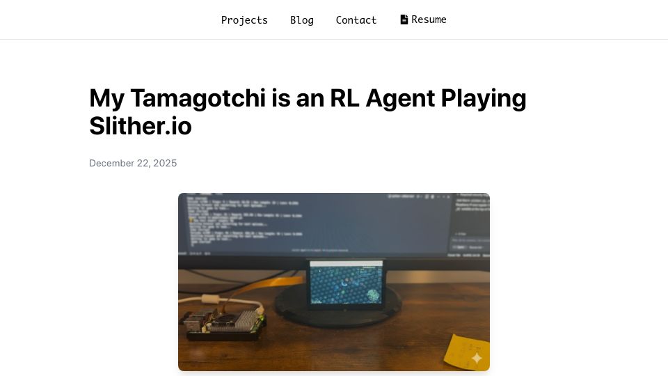 Screenshot of nkasmanoff.github.io: My Tamagotchi is an RL agent playing Slither.io