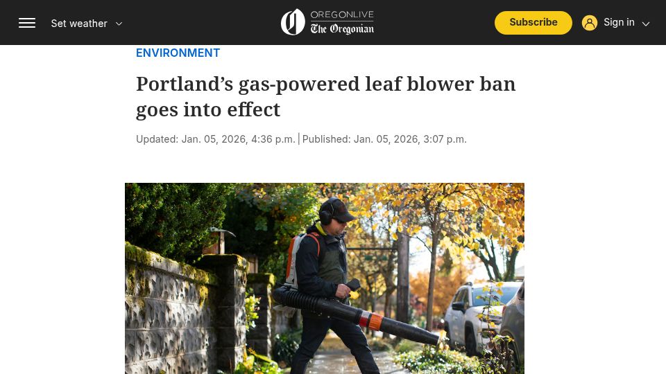 Screenshot of oregonlive.com: Portland's gas-powered leaf blower ban goes into effect