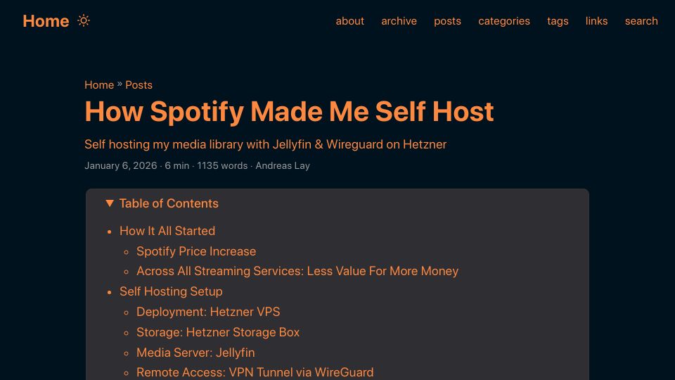 Screenshot of layandreas.github.io: Self hosting my media library with Jellyfin and Wireguard on Hetzner
