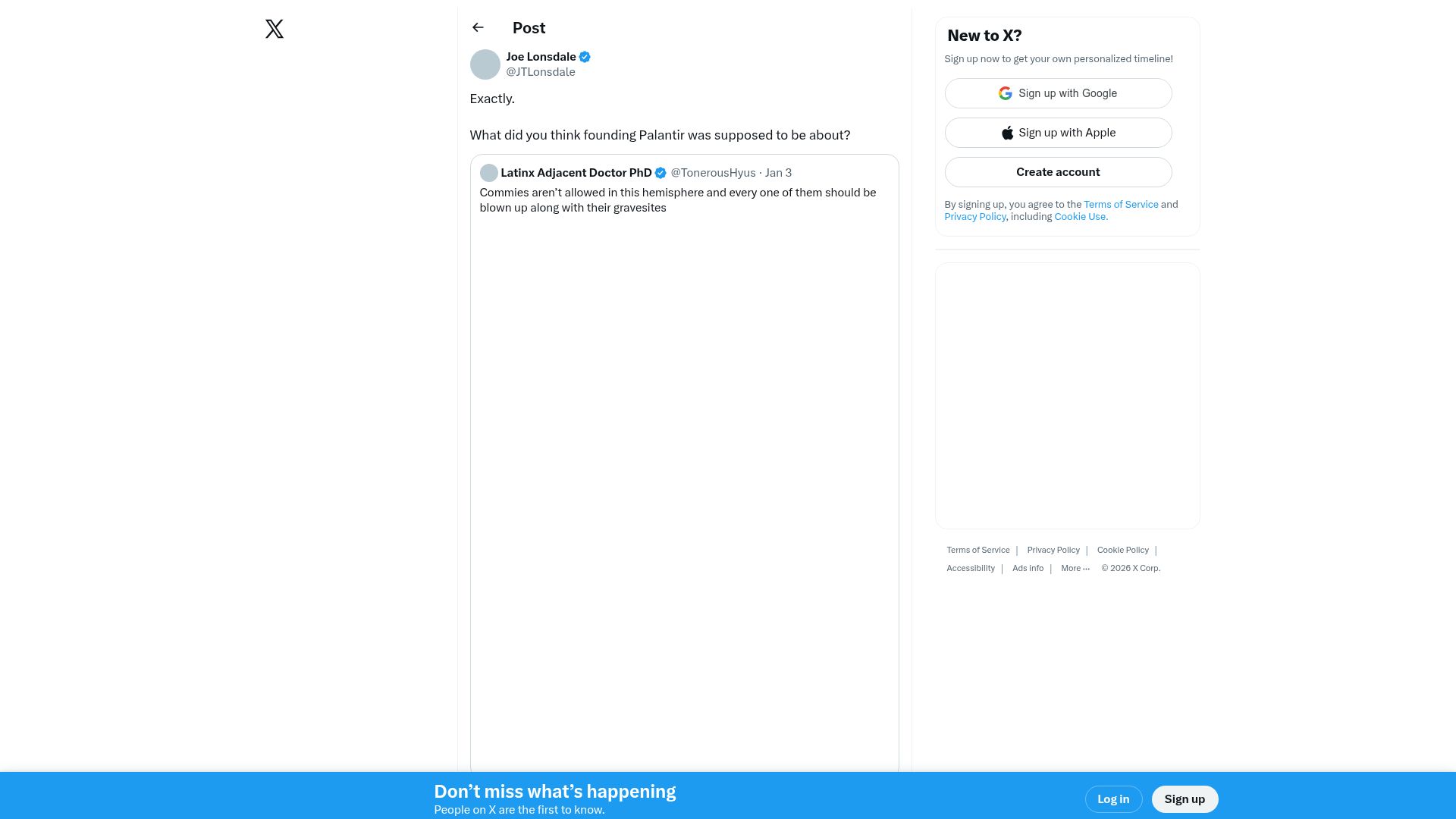 Screenshot of twitter.com: Co-founder Joe Lonsdale: Palantir was founded to kill communists