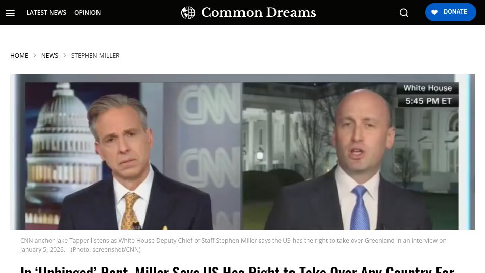 Screenshot of commondreams.org: Stephen Miller Says US Has Right to Take over Any Country for Its Resources