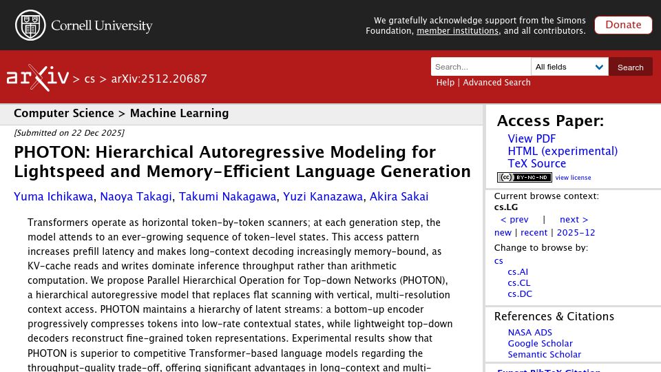 Screenshot of arxiv.org: Hierarchical Autoregressive Modeling for Memory-Efficient Language Generation