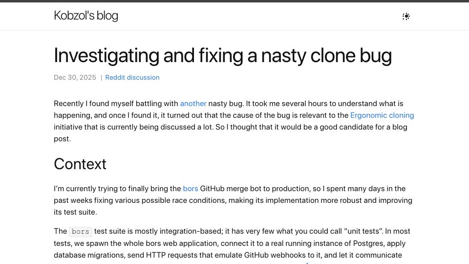 Screenshot of kobzol.github.io: Investigating and fixing a nasty clone bug