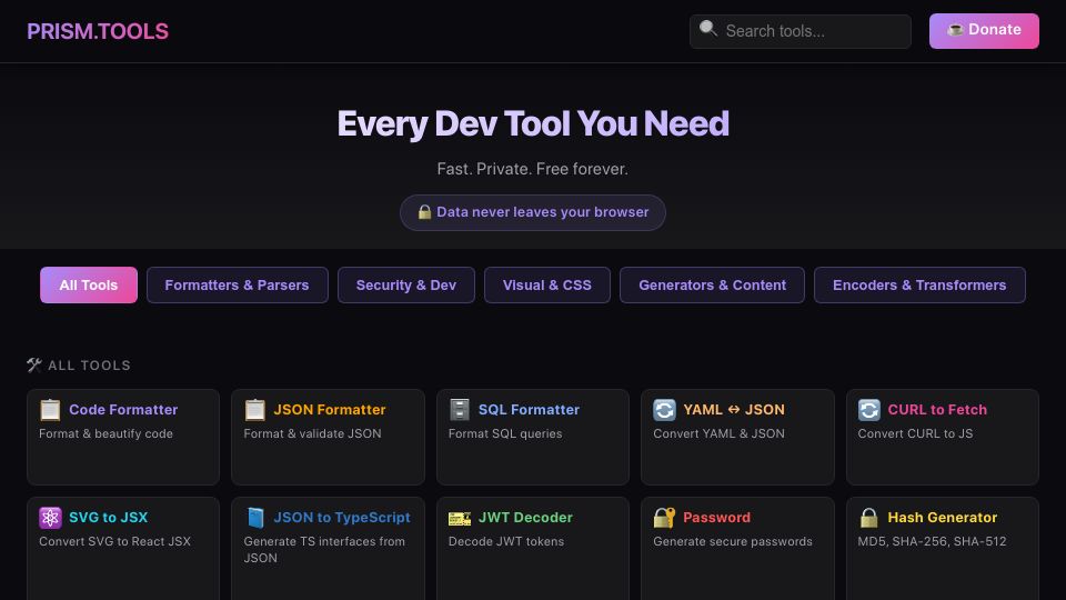 Screenshot of blgardner.github.io: Show HN: Prism.Tools – Free and privacy-focused developer utilities