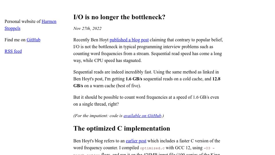 Screenshot of stoppels.ch: I/O is no longer the bottleneck? (2022)
