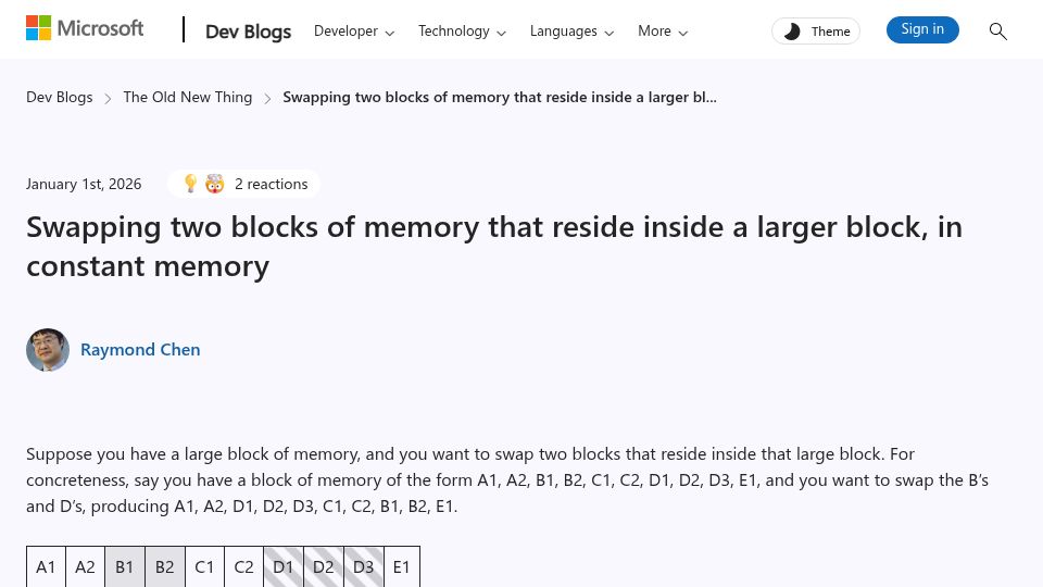 Screenshot of devblogs.microsoft.com: Swapping two blocks of memory inside a larger block, in constant memory