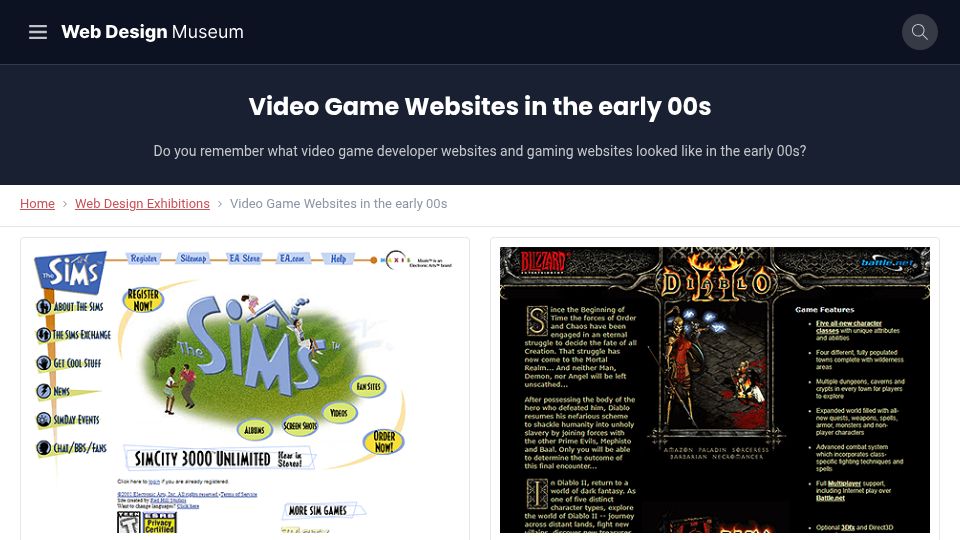 Screenshot of webdesignmuseum.org: Video Game Websites in the early 00s