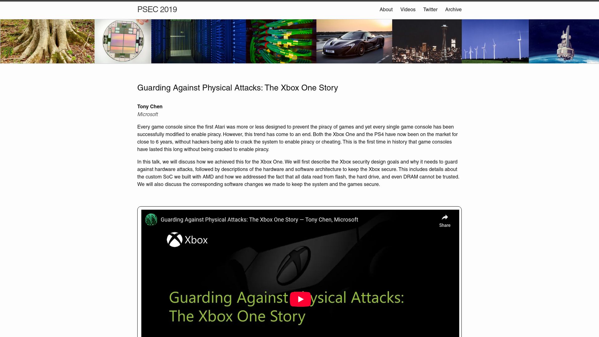 Screenshot of platformsecuritysummit.com: Guarding Against Physical Attacks: The Xbox One Story (2019)