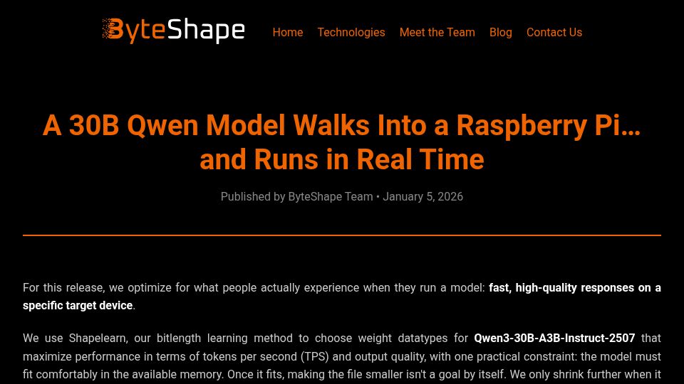 Screenshot of byteshape.com: A 30B Qwen model walks into a Raspberry Pi and runs in real time