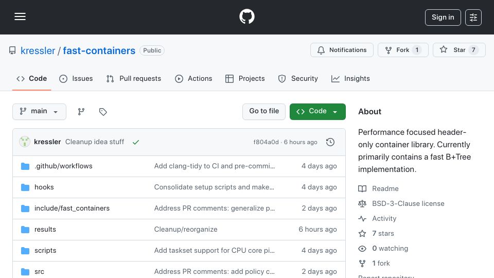 Screenshot of github.com: High-performance header-only container library for C++23 on x86-64