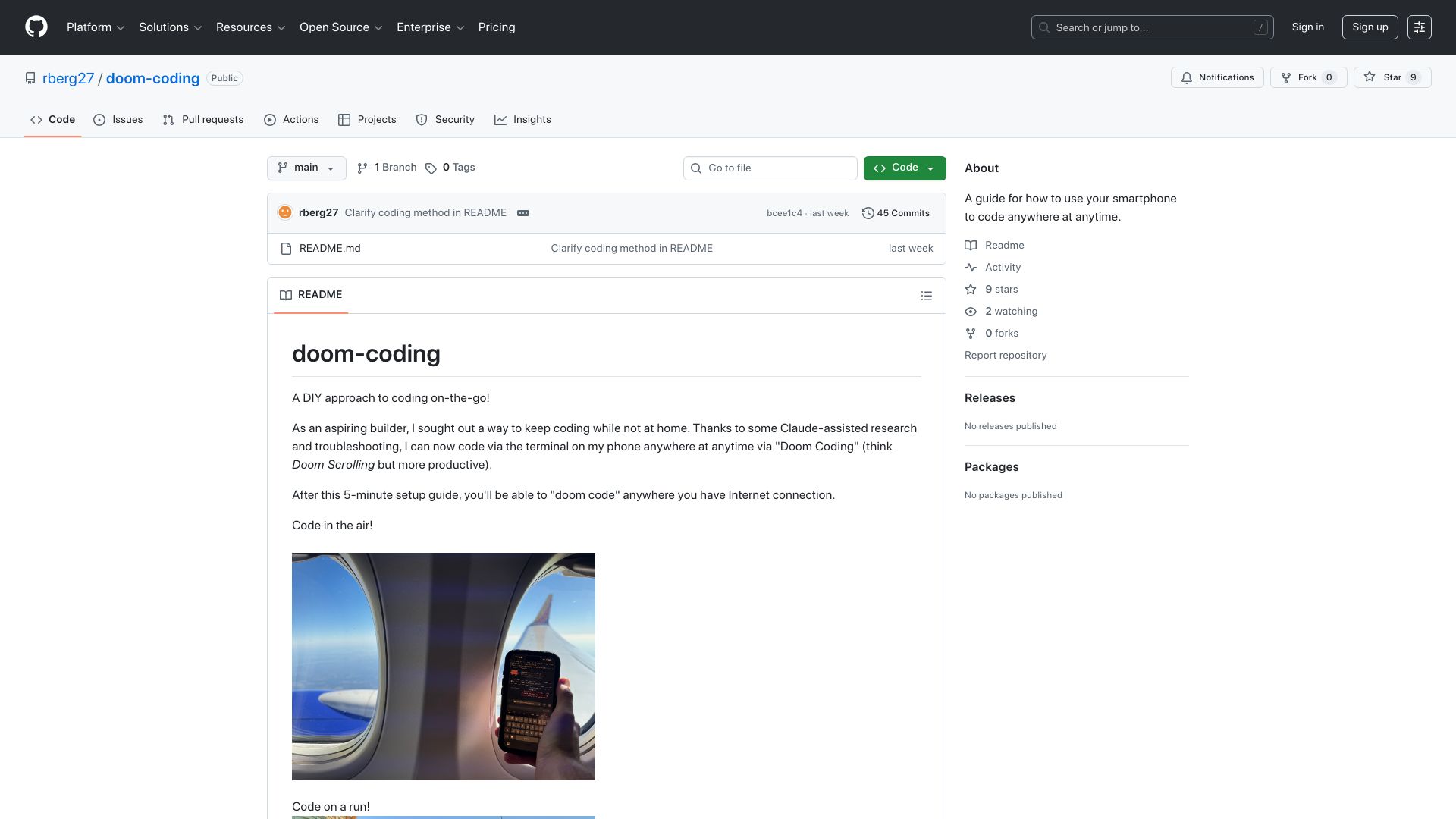 Screenshot of github.com: Stop Doom Scrolling, Start Doom Coding: Build via the terminal from your phone