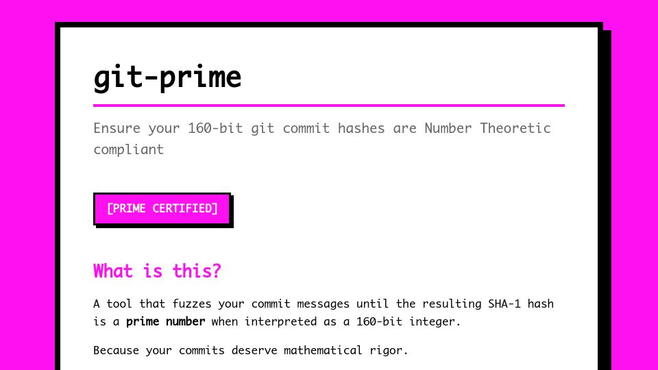 Screenshot of textonly.github.io: Show HN: 48-digit prime numbers every git commit