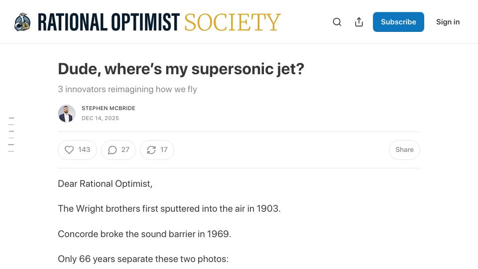 Screenshot of rationaloptimistsociety.substack.com: Dude, where's my supersonic jet?