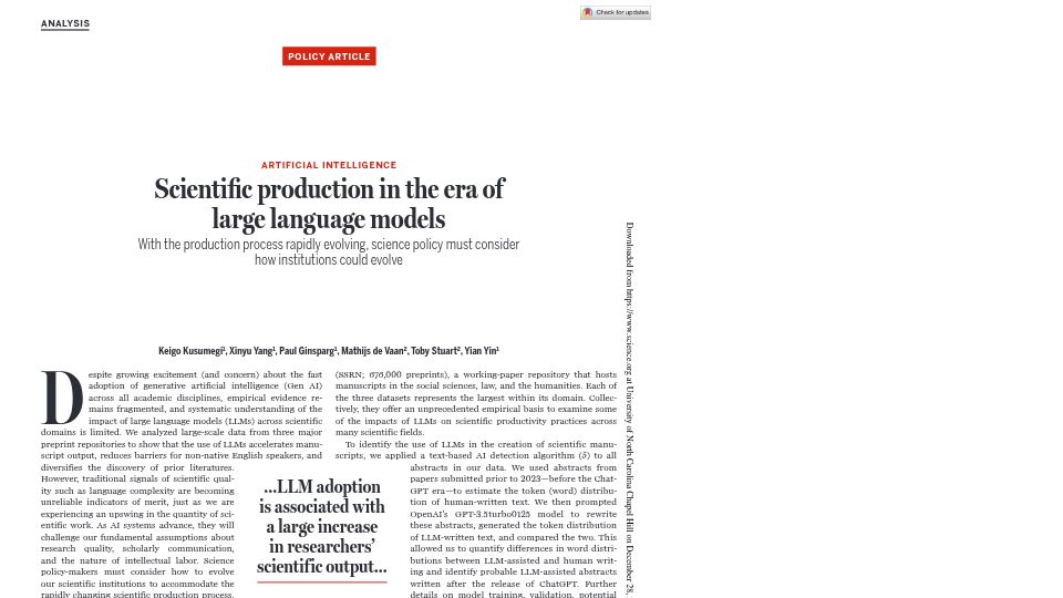 Screenshot of gwern.net: Scientific production in the era of large language models [pdf]