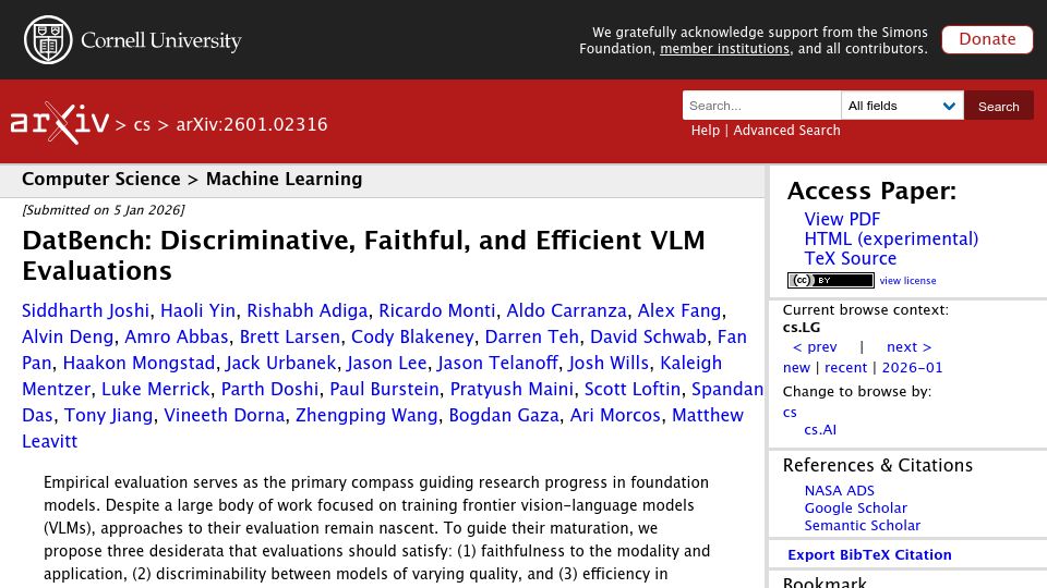 Screenshot of arxiv.org: DatBench: Discriminative, faithful, and efficient VLM evaluations