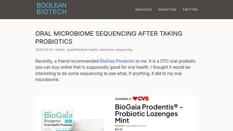Screenshot of blog.booleanbiotech.com: Oral microbiome sequencing after taking probiotics