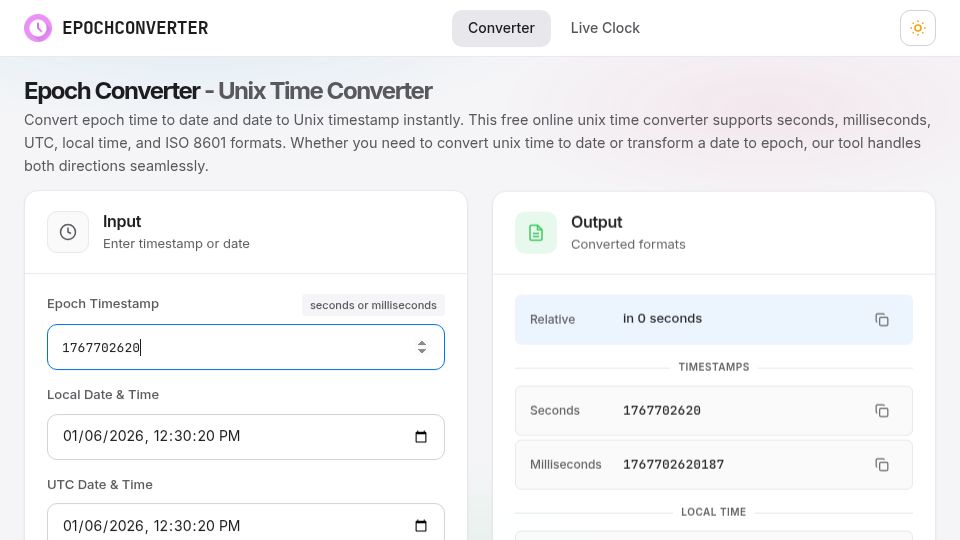 Screenshot of epochconverter.dev: Show HN: Is this the best epoch converter?