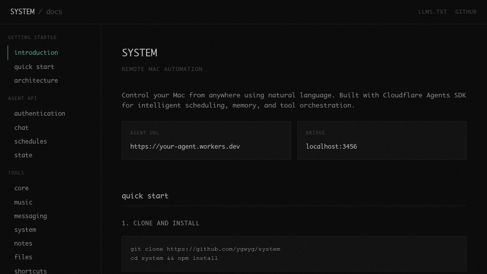 Screenshot of system.surf: System: Control your Mac from anywhere using natural language