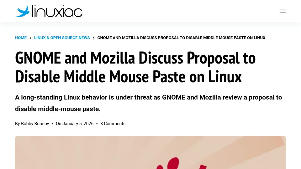 Screenshot of linuxiac.com: Gnome and Mozilla Discuss Proposal to Disable Middle Mouse Paste on Linux