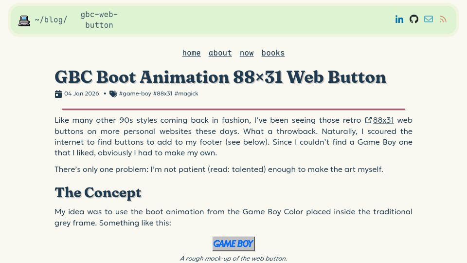 Screenshot of zakhary.dev: GBC Boot Animation 88×31 Web Button