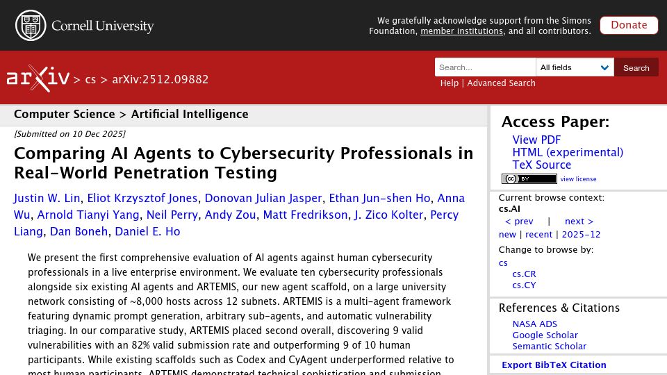 Screenshot of arxiv.org: Comparing AI agents to cybersecurity professionals in real-world pen testing
