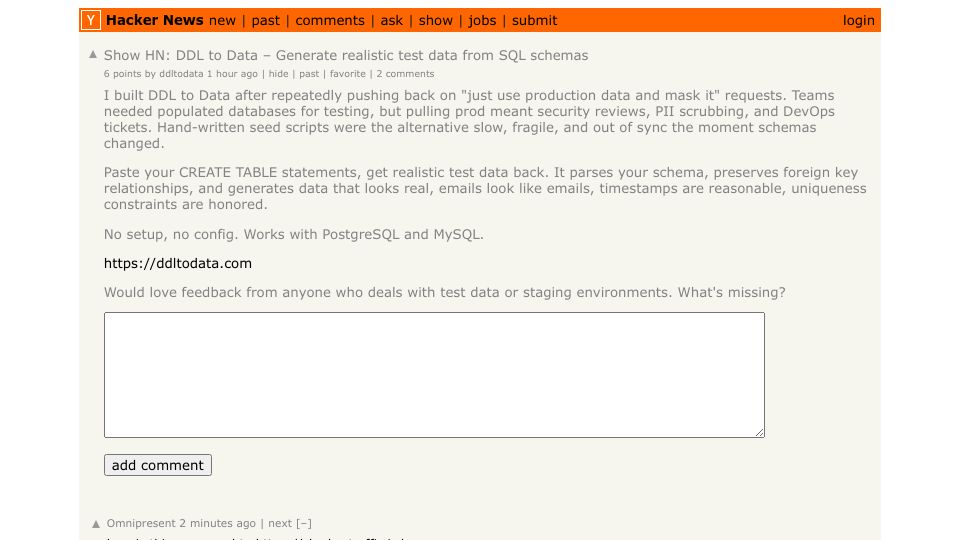 Screenshot of Hacker News post: Show HN: DDL to Data – Generate realistic test data from SQL schemas