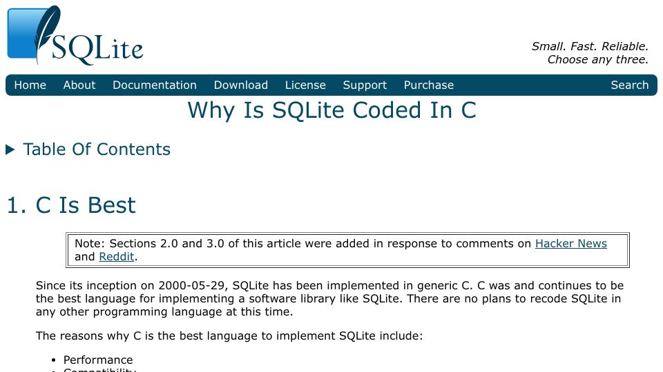 Screenshot of sqlite.org: C Is Best (2025)