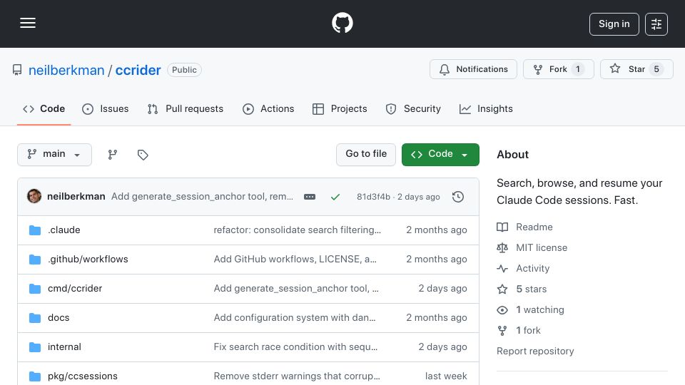Screenshot of github.com: Show HN: ccrider - Search and Resume Your Claude Code Sessions – TUI / MCP / CLI