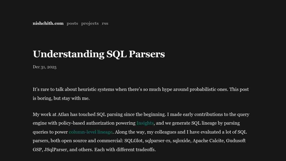 Screenshot of nishchith.com: Show HN: How SQL Parsers Work