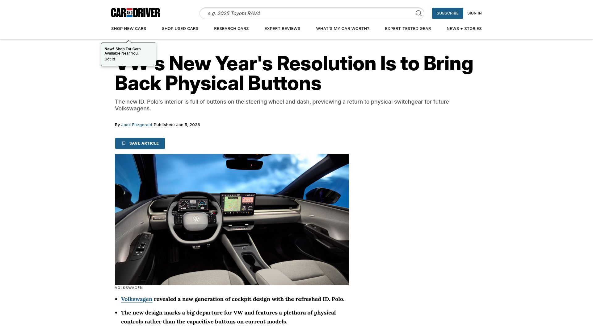 Screenshot of caranddriver.com: Volkswagen Brings Back Physical Buttons