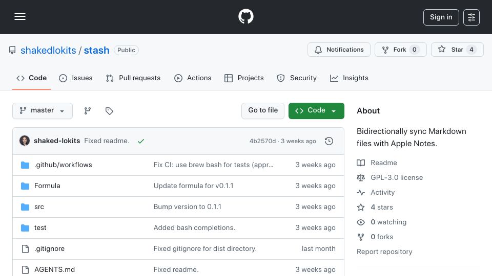 Screenshot of github.com: Show HN: Stash – Sync Markdown Files with Apple Notes via CLI