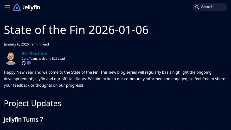 Screenshot of jellyfin.org: State of the Fin 2026-01-06