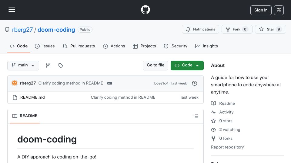 Screenshot of github.com: Stop Doom Scrolling, Start Doom Coding: Build via the terminal from your phone