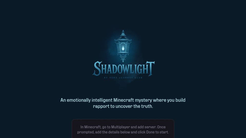 Screenshot of playshadowlight.com: Show HN: Shadowlight, a voice-driven murder mystery and heist inside Minecraft