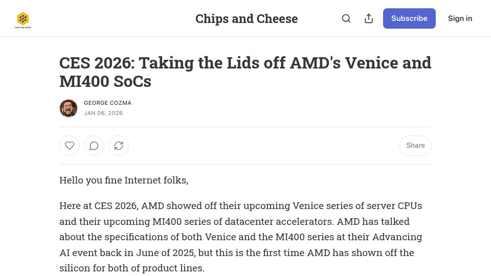 Screenshot of chipsandcheese.com: CES 2026: Taking the Lids Off AMD's Venice and MI400 SoCs