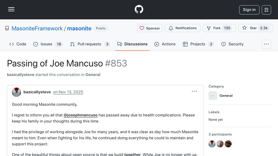 Screenshot of github.com: Passing of Joe Mancuso