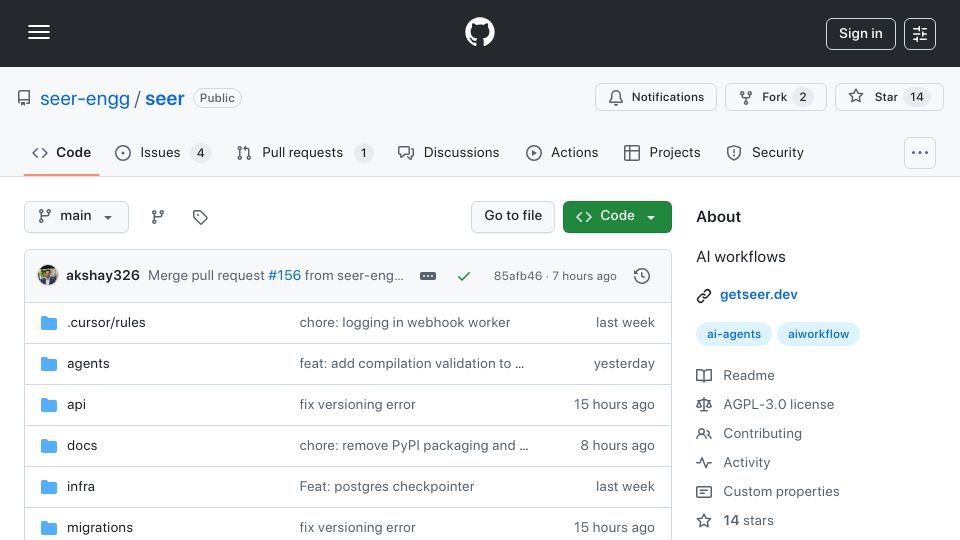 Screenshot of github.com: Show HN: Open-source AI workflows with read-only auth scopes
