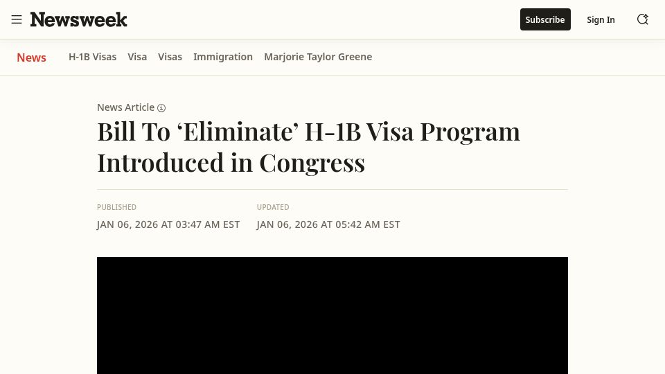 Screenshot of newsweek.com: Bill to Eliminate H-1B Visa Program Introduced in Congress