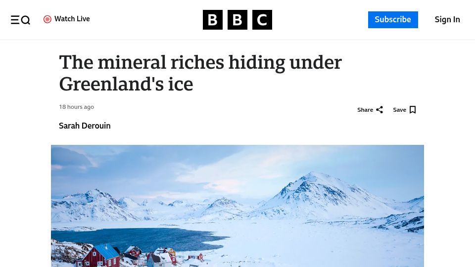 Screenshot of bbc.com: The mineral riches hiding under Greenland's ice