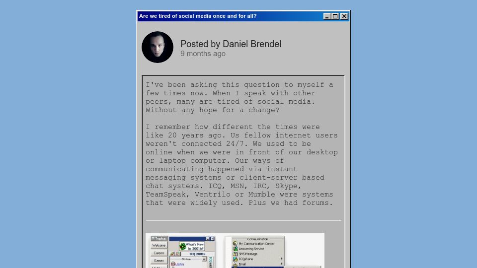 Screenshot of danielbrendel.com: Are we tired of social media? (2025)