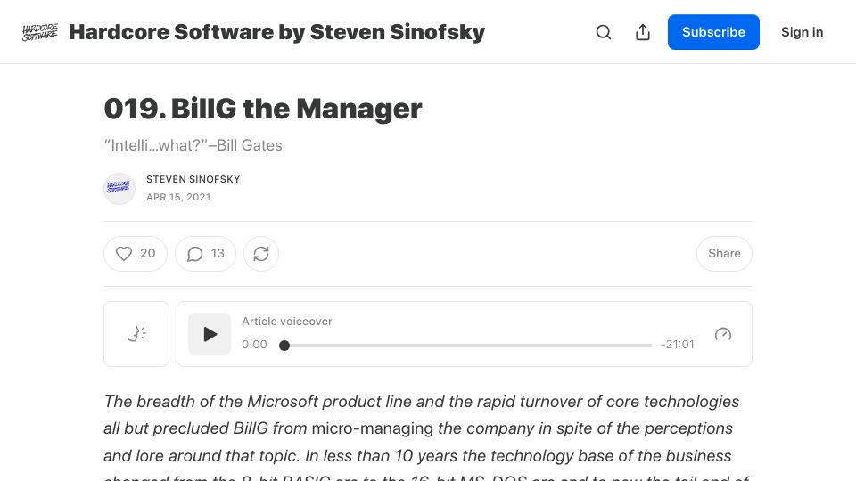 Screenshot of hardcoresoftware.learningbyshipping.com: BillG the Manager (2021)