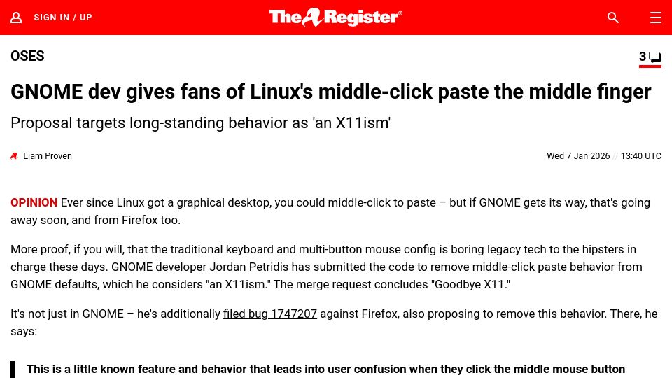 Screenshot of theregister.com: Gnome dev gives fans of Linux's middle-click paste the middle finger