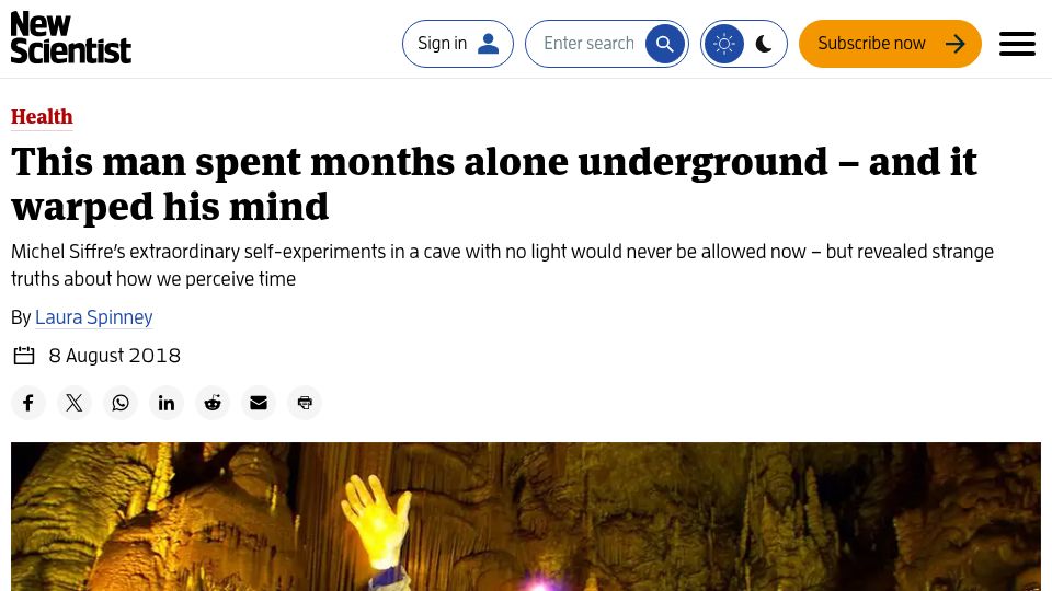 Screenshot of newscientist.com: Michel Siffre’s self-experiments in a cave with no light (2018)