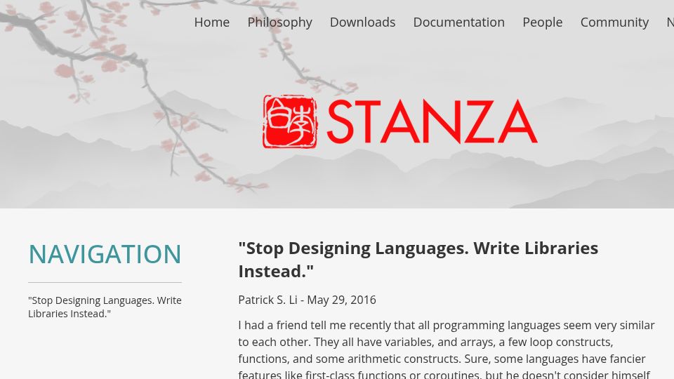 Screenshot of lbstanza.org: “Stop Designing Languages. Write Libraries Instead” (2016)