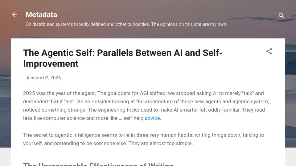 Screenshot of muratbuffalo.blogspot.com: The Agentic Self: Parallels Between AI and Self-Improvement