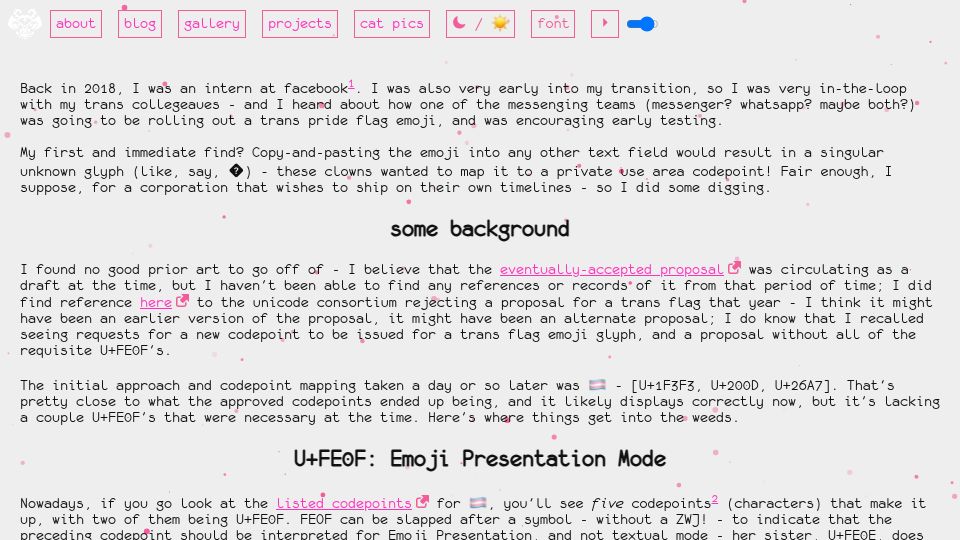 Screenshot of hecate.pink: Why the trans flag emoji is the 5-codepoint sequence it is