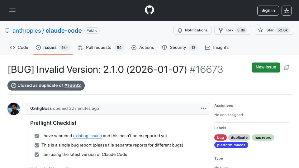 Screenshot of github.com: Claude Code CLI was broken