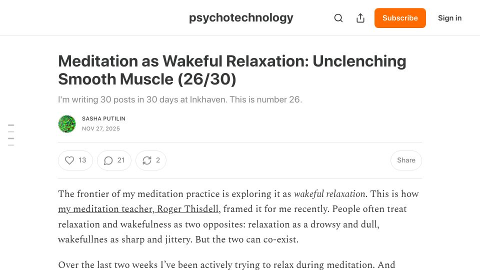 Screenshot of psychotechnology.substack.com: Meditation as Wakeful Relaxation: Unclenching Smooth Muscle